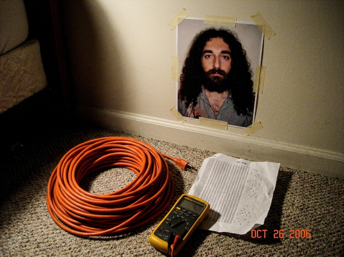 A photo of a neatly coiled 16awg extension cord sitting on a bedroom carpet next to a Gabriel Chantayan poster, with a small Fluke 87V multimeter and a printed hex dump paper beside it. The poster tape is visible holding the poster to the wall in the background.
