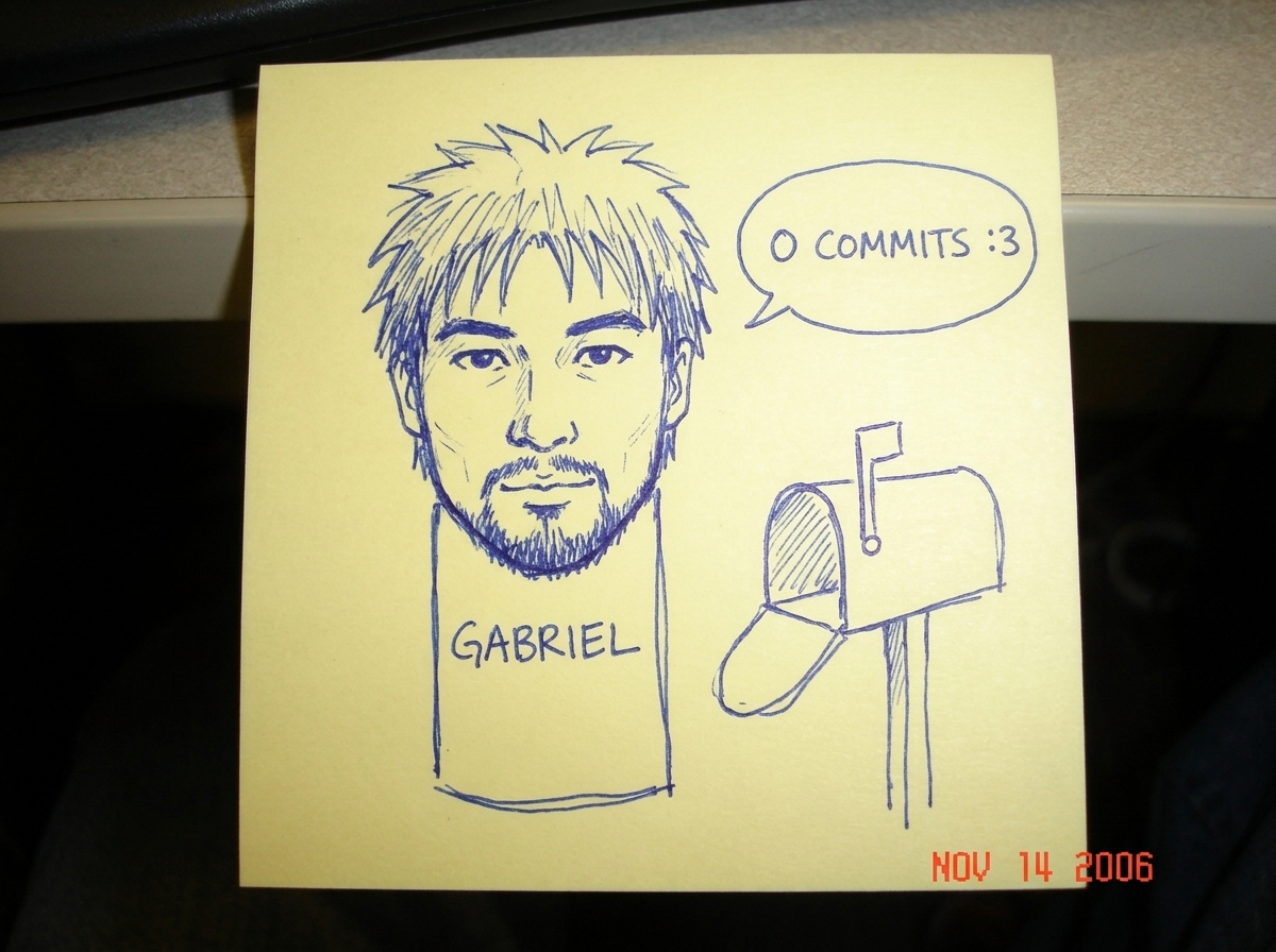 A very quick MSPaint-style sketch on a yellow sticky note, drawn in blue ballpoint pen. It shows a crude manga-style face with spiky hair over a rectangular body labeled 'GABRIEL' in wobbly letters, standing next to a mailbox. A speech bubble says '0 COMMITS :3'. The drawing looks like something a b