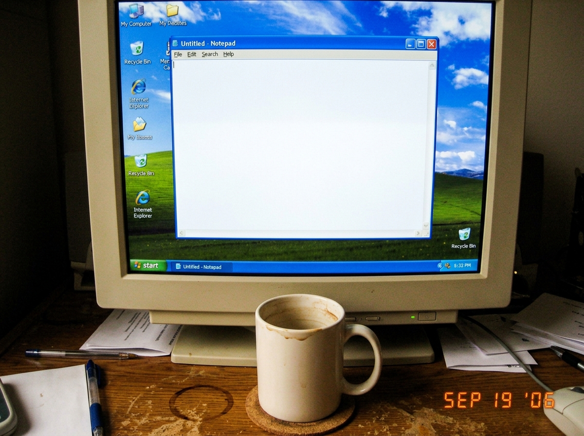 A Windows XP Notepad window open to an entirely blank document. The title bar reads 'Untitled - Notepad'. The cursor blinks at position 1,1 on a field of pure white. Below the window, on the physical desk, sits an empty coffee mug with a dried ring on the coaster. A cellphone camera timestamp in the