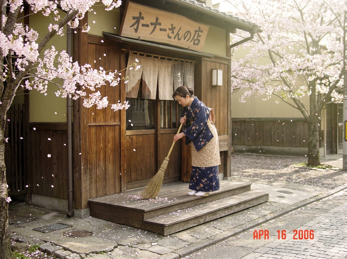 A delicate watercolor of a Japanese woman in a modest apron sweeping a wooden shop step with a bamboo broom, cherry blossoms falling gently. The shop sign reads 'Owner-san's Place' in soft kanji. Warm morning light filters through.