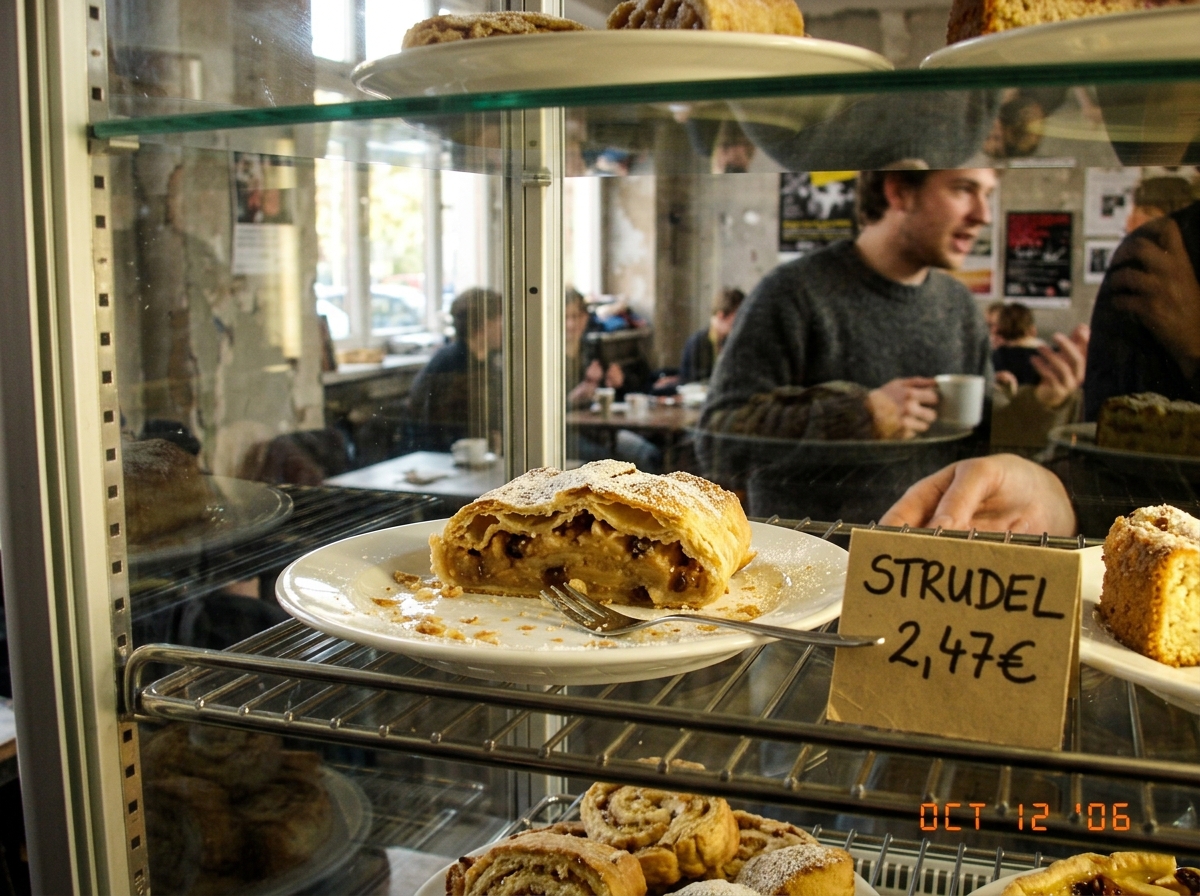 A glass pastry display case in a Berlin art school cafe, late afternoon sun. An apple strudel sits on a white plate at row 2 col 3, with visible crumbs scattered across the plate. A student in a charcoal sweater is just visible in the background. A handwritten price tag says 'STRUDEL 2,47€'.