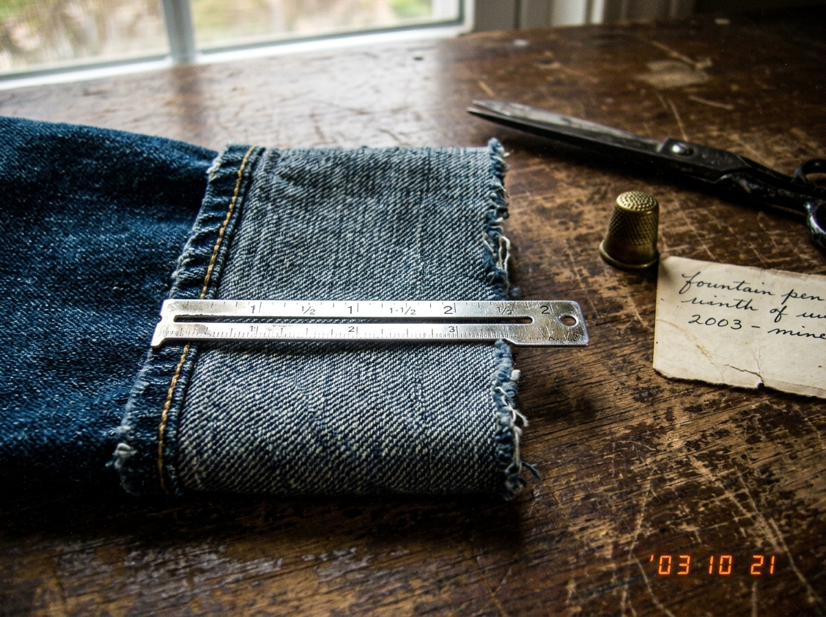 A close-up photo of a denim cuff laid flat on a wooden table with a silver sewing gauge across the weave. The threads are clearly visible and counted at 47 per inch. A pair of scissors, a thimble, and a handwritten note reading '2003 - mine' are visible in soft afternoon light.