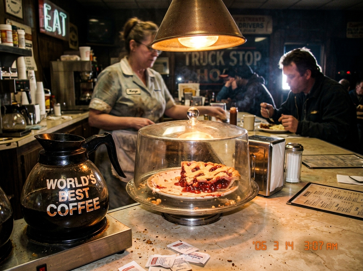 a greasy spoon truck stop counter at 3am with a cherry pie under a heat lamp and a coffee pot that says WORLD'S BEST COFFEE in peeling letters